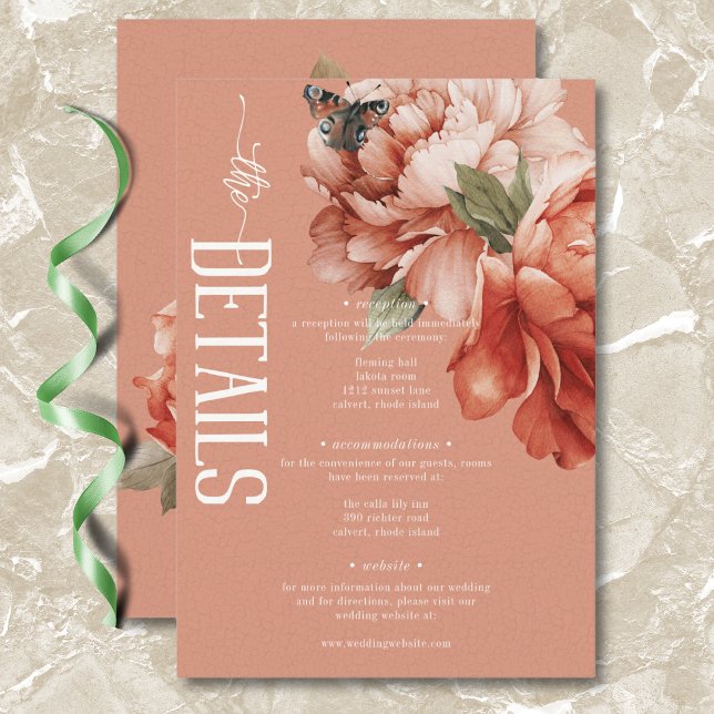 Vintage rustikale Rost- und Pfirsichbaumdetails Begleitkarte (Vintage Rustic Rust & Peach Peonies Details Enclosure Card)