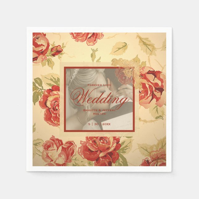 Vintage rustikale rote Rose Hochzeitsfot Serviette (Vorderseite)
