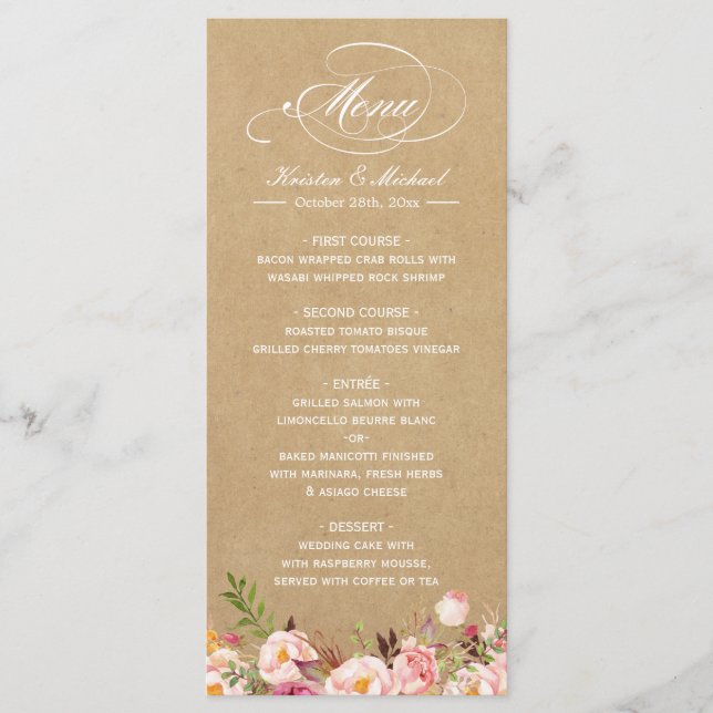 Vintage Rustique Floral Kraft Mariage Menu Modèle (Devant)
