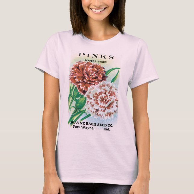 Vintage Saatgutverpackung Kunst, Pinks Nelke Blume T-Shirt (Vorderseite)