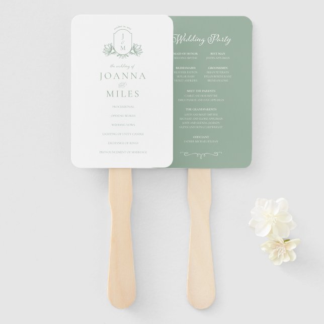 Vintage Sage Botanical Monogram Program Hand Fan Fächer (Vorne und Hinten)