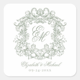 Vintage Sage Green Elegant Wedding Monogram Crest Quadratischer Aufkleber