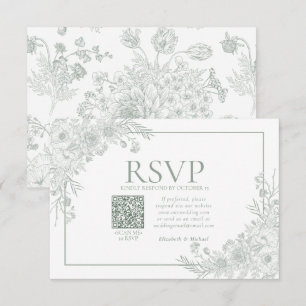 Vintage Sage Green Floral Line Art QR-Code UAWG RSVP Karte