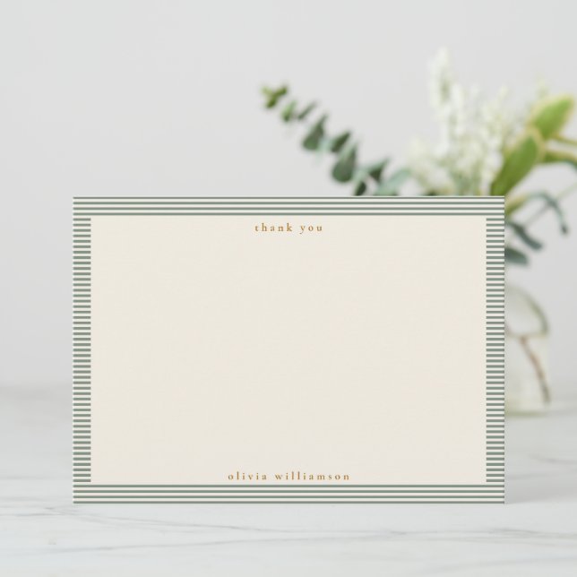 Vintage Sage Green Stripes Personalized Name Dankeskarte (Stehend Vorderseite)