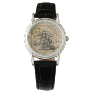 Vintage Sailing Ship and Old European Map Armbanduhr