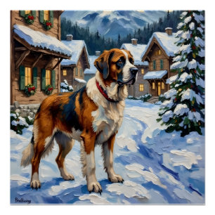 Vintage Saint-Bernard-Alpen-Weihnachtsgemälde Poster