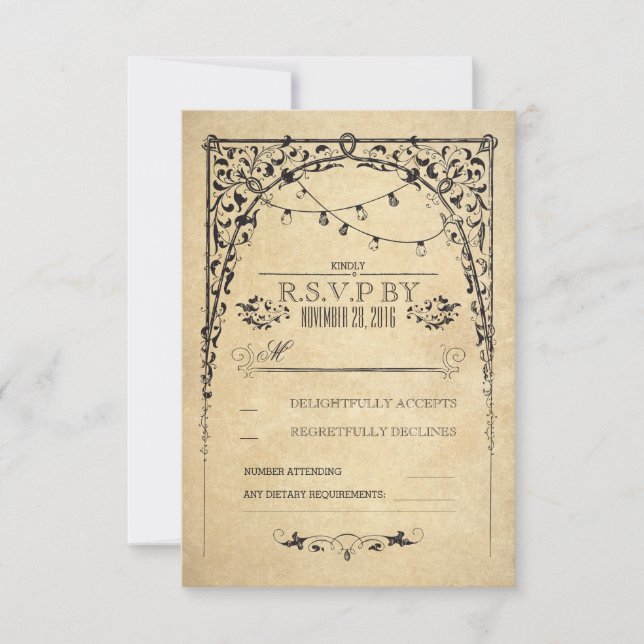Vintage Saitenlichter Hochzeitskarte RSVP (Vorderseite)