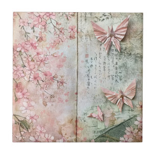 Vintage-Sakura-Schmetterlings-Collage Fliese
