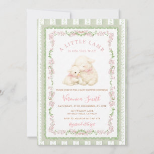 Vintage Salbei-Rosa Kleines Lamm Baby Shower Strei Einladung