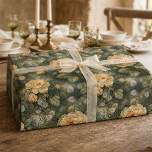 Vintage Salbeigrün Gelbrosen Floral Geschenkpapier