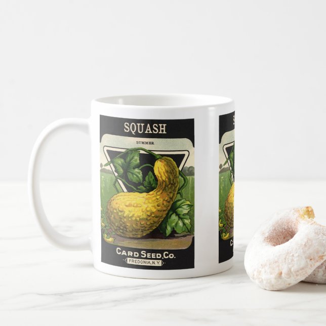 Vintage-Samenpaket-Label-Kunst Gelber Sommersquash Kaffeetasse (Mit Donut)