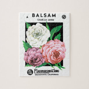 Vintage-Samenpaket-Label-Kunst, Kamelienblumen