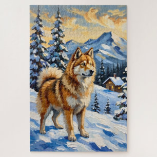 Vintage Samojede in alpinem Weihnachtslandschaft