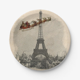 Vintage Sankt über Paris-Weihnachtspapierplatte Pappteller