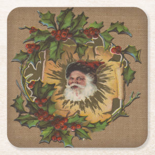 Vintage Santa Antik Weihnachten Stechpalme Rechteckiger Pappuntersetzer