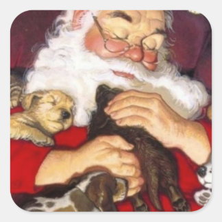 Vintage Santa Claus Holly Welpen Quadratischer Aufkleber