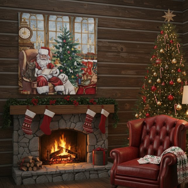 Vintage Santa Cozy Weihnachtstiere Hintergrundkuli Wandteppich (Von Creator hochgeladen)