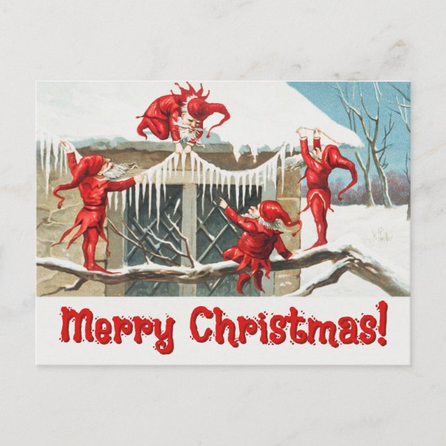Vintage Santa Elves Feiertagspostkarte (Vorderseite)