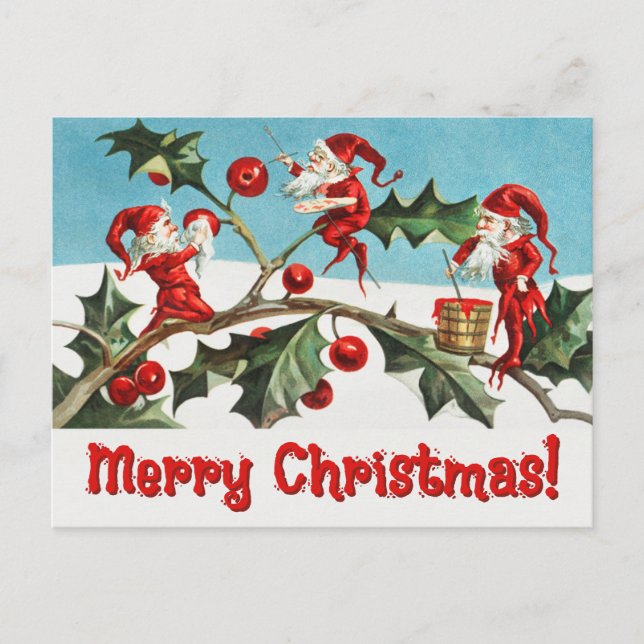 Vintage Santa Elves Feiertagspostkarte (Vorderseite)