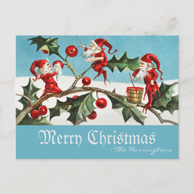 Vintage Santa Elves Frohe Weihnachten Retro Blue (Vorderseite)