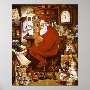 Vintage Santa in Workshop Card Poster