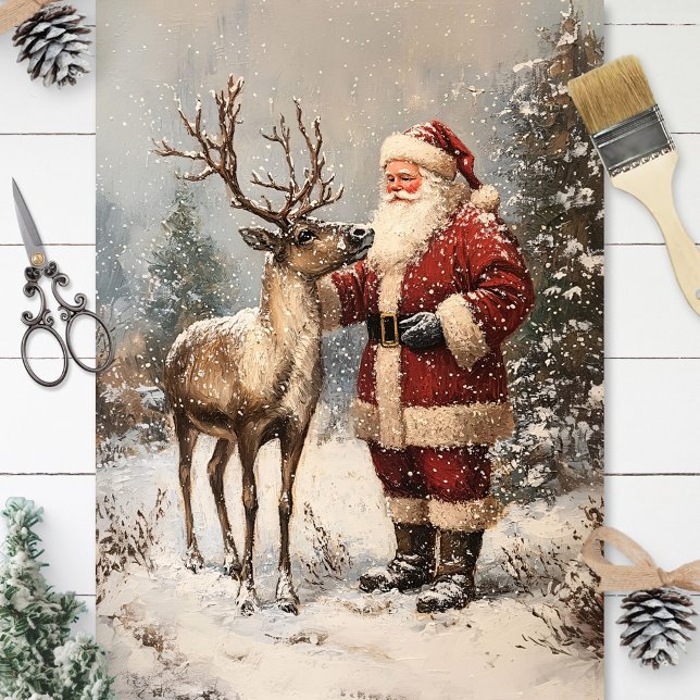 Vintage Santa Petting A Rentier Dekoupage Seidenpapier (Von Creator hochgeladen)