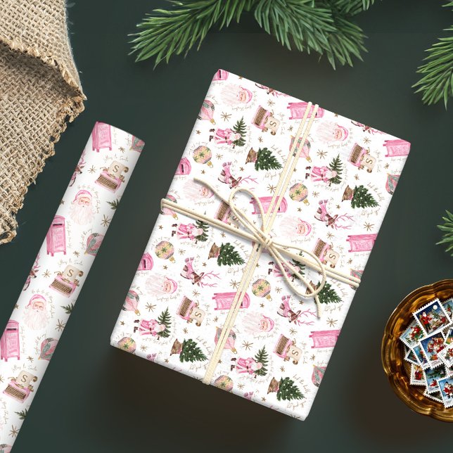 Vintage Santa Retro Rosa Weihnachtsmonografie Geschenkpapier (Vintage Santa Retro Pink Christmas Custom Monogram Wrapping Paper)