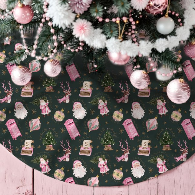 Vintage Santa Retro Rosa Weihnachtsmonografie Polyester Weihnachtsbaumdecke (Vintage Santa Retro Pink Christmas Custom Monogram Brushed Polyester Tree Skirt)