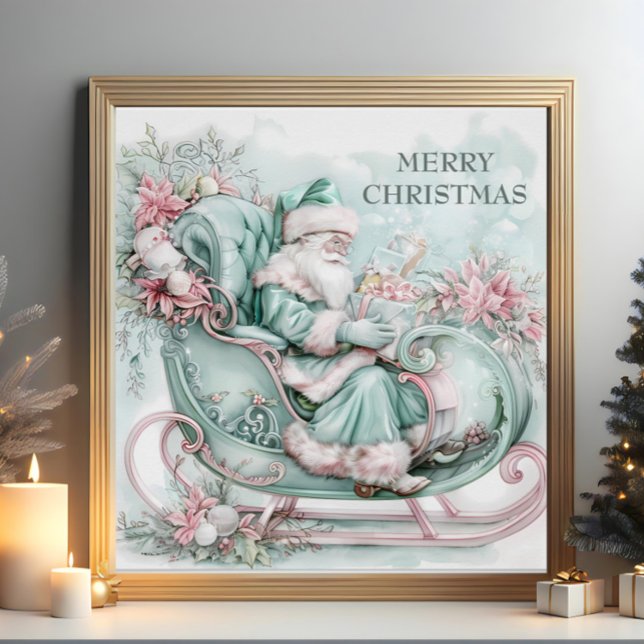 Vintage Santa Sleigh Christmas Blue Teal Pink Poster (Vintage Santa Claus in Sleigh poster)