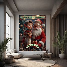 Vintage Santa's Toy Factory Workshop Elf Reindeer  Poster