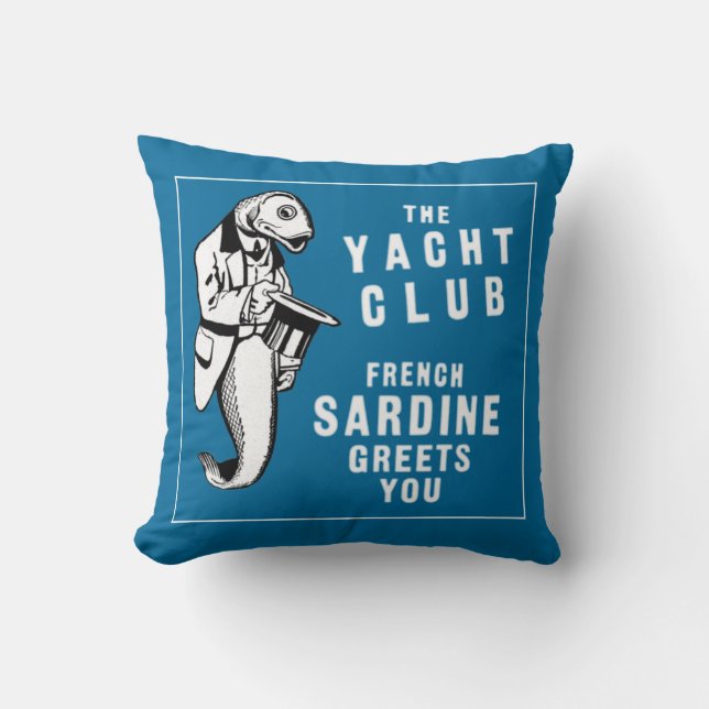Vintage Sardine-Fisch-Yacht-Verein-Anzeige Kissen (Vorderseite)