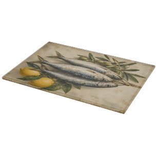 Vintage Sardinen mit Zitronen und Oliven Mediterra Schneidebrett