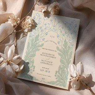 Vintage Save-the-Date Teal Blau Weiß Creme Einladung
