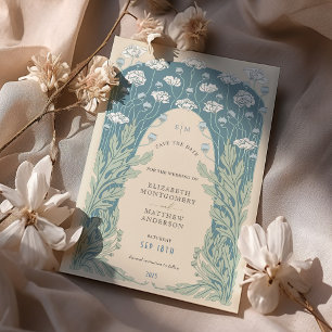 Vintage Save-the-Date Teal Blau Weiß Creme Einladung