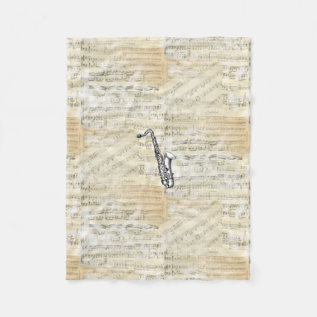 Vintage Saxophone-Blatt-Musik-Fleece-Decke Fleecedecke (Vorderseite)
