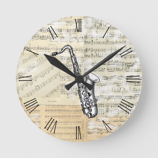Vintage Saxophone Musikuhr Runde Wanduhr (Vorderseite)