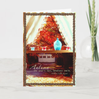 Vintage scene from window of sunlit autumn leaves karte