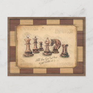 Vintage-Schachbrett & Schachfiguren, Geschenk für Postkarte