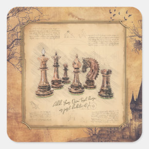 Vintage Schachfiguren im alten Stil Art Player Ges Quadratischer Aufkleber