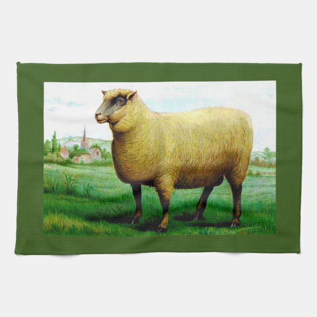 Vintage Schafe in Grüngrasweiden Geschirrtuch (Horizontal)