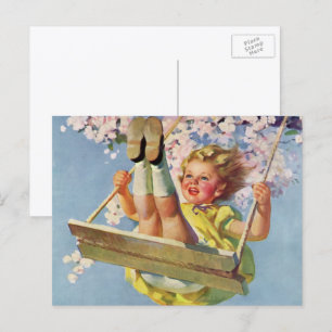 Vintage Schaukel, Mädchen schwingt in einem Baum K Postkarte