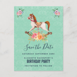 Vintage-Schaukelpferd mit Blumen Save the Date Postkarte