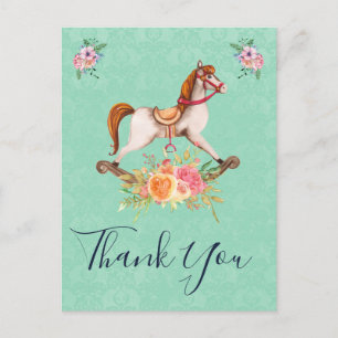 Vintage Schaukelpferd und Blumenstrauß Danke Postkarte