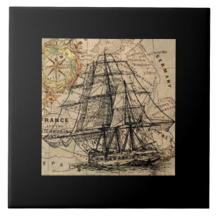 Vintage Schiff und Karte Fliese