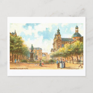 Vintage Schiller Platz in Mannheim, Deutschland Postkarte