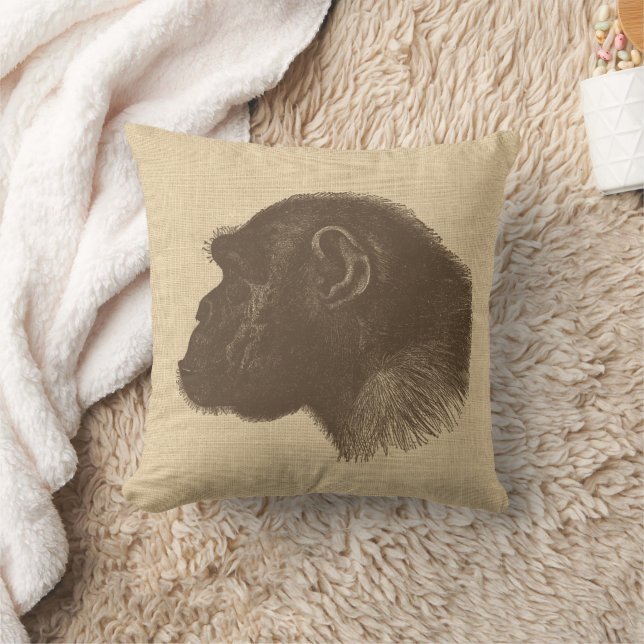 Vintage Schimpansenillustration auf Burlap Kissen (Decke)