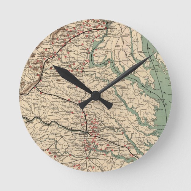 Vintage Schlachtfelder in Virginia, Ziviler Krieg, Runde Wanduhr (Vorderseite)