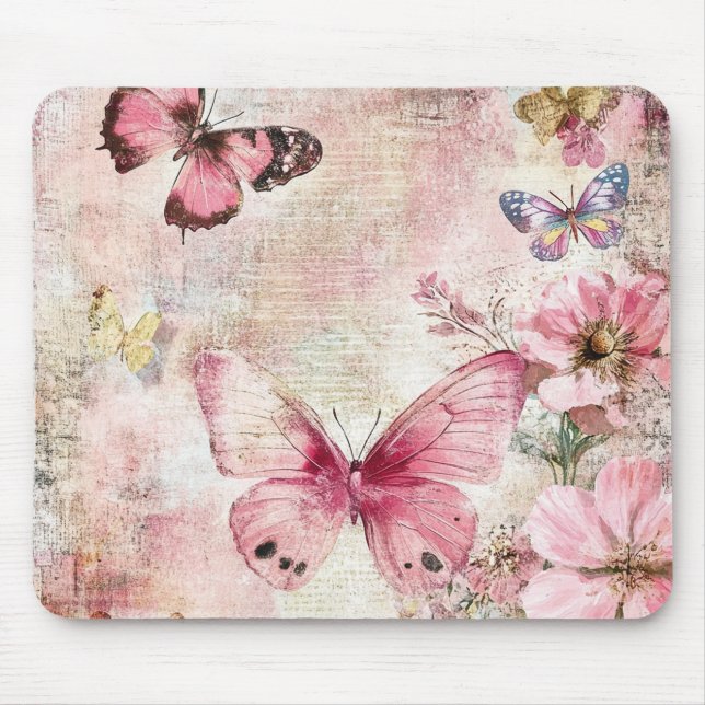 Vintage Schmetterling Blumen Mauspad (Vorne)