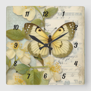Vintage Schmetterling und Blumen Quadratische Wanduhr