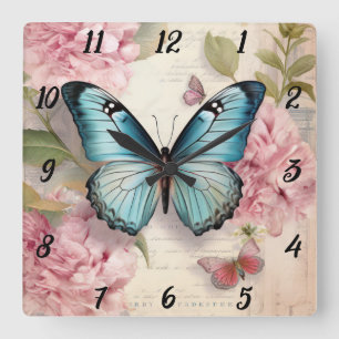 Vintage Schmetterling und Blumen Quadratische Wanduhr